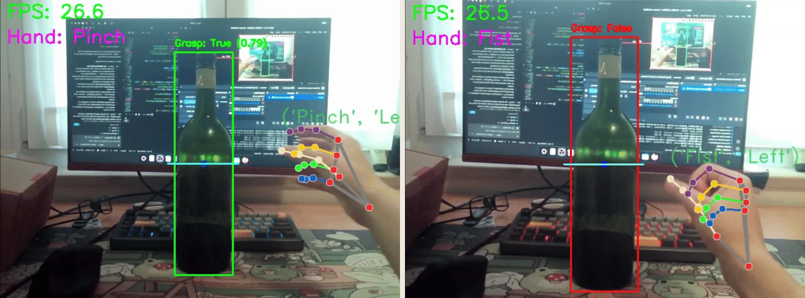 Two frames from the live demo. Left: a pinch grasp on a bottle, green box, labelled Grasp True 0.79. Right: a closed fist on the same bottle, red box, labelled Grasp False. Both frames overlay tracked hand landmarks and run at about 27 frames per second.